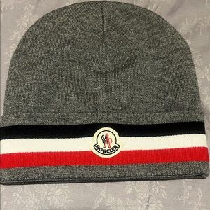 Moncler Grey Beanie with black, red and white Stripe
